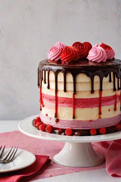 Create an image of a three-layer cake with a gradient of red, white, and pink colors. The top is decorated with swirls of red icing and a drizzle of chocolate ganache running down the sides. Place the cake on a white pedestal and surround it with a red heart-patterned tablecloth.