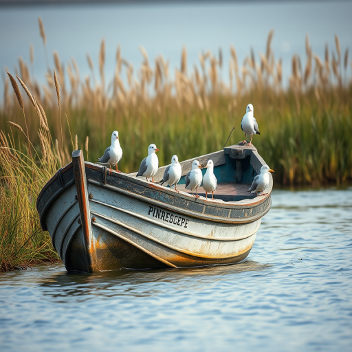 A weathered boat with seagulls perched on it, surrounded by calm water and tall grasses, captured with a Canon EOS 5D Mark IV, 50mm lens, f/8, ISO 200, natural light, shallow depth of field, soft focus background.