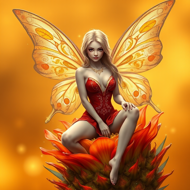 A digital artwork features a winged fairy with delicate Tan butterfly wings, adorned with intricate Tangerine andAsparagus patterns. She is seated on a vibrant Pineapple flower, wearing a revealing red two-piece outfit with sparkling beadwork. Her fair skin, long blonde hair, and gold jewelry add to her ethereal appearance. The background is a warm, golden gradient, creating a magical atmosphere. Small glowing orbs and sparkles surround the flower, enhancing the enchanting, highly detailed, and realistic scene.