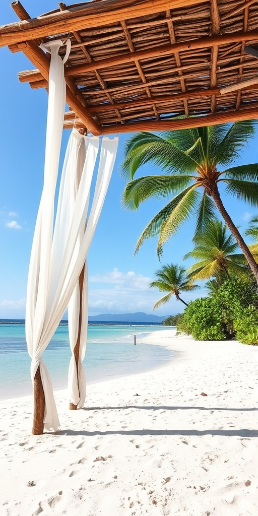 Create a picturesque tropical beach scene featuring a serene, white sandy shore. In the foreground, there's a rustic wooden canopy with white drapes gently flowing in the breeze. Underneath the canopy, a table is set with tropical decor, evoking a sense of relaxation and leisure. The beach extends into a calm, shallow water area with reflections of the sky and surroundings. Palm trees and lush greenery line the edge of the beach, providing a natural, tropical backdrop. The sky is clear with a few scattered clouds, and the overall atmosphere is tranquil and inviting, perfect for a peaceful retreat.