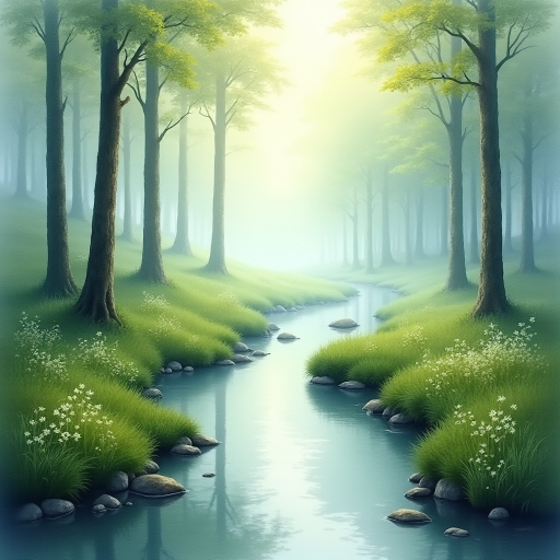 A peaceful, misty forest scene with a gently flowing stream at the center, reflecting the soft, cool light of the early morning. Lush green grass and wildflowers border the stream. Trees with thin trunks stand tall in the background, fading into a misty, hazy atmosphere, in a superfine watercolor style.
