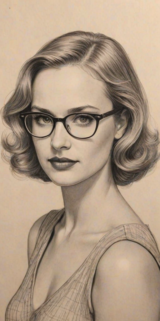 Lovely Fiona Gubelmann, pencil sketch, portrait of Superb woman 1934s in glasses, hair style beatnik, outline, clear lines, fine lines, 8k