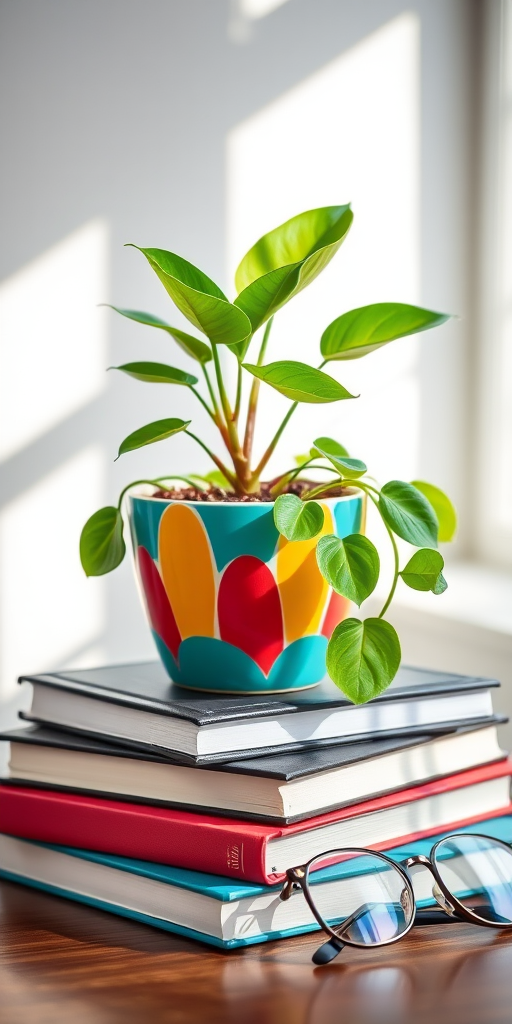 A vibrant still life of a potted plant with colorful pot sitting on stacked books, a pair of stylish glasses beside, soft natural lighting, aperture f/2.8, ISO 100, shutter speed 1/125s, portrait mode, taken with a DSLR camera.