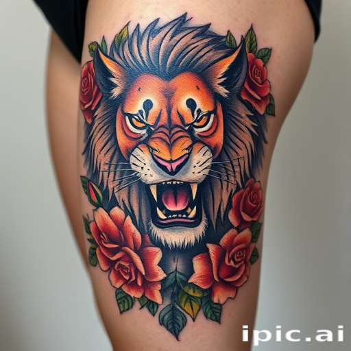 Striking neo-traditional tattoo on the thigh depicting a fierce lioness surrounded by vibrant roses and foliage rich saturated colors and bold outlines with a touch of realism