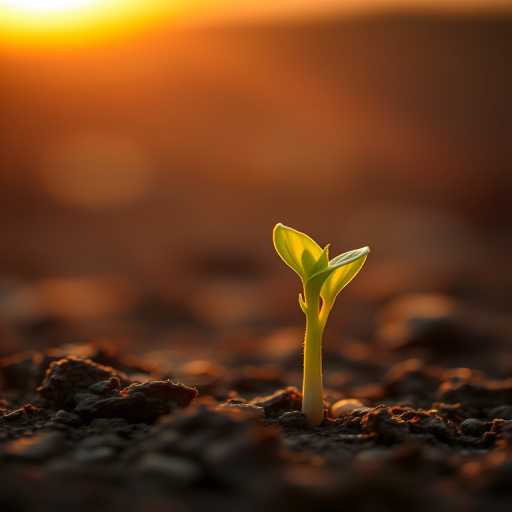 A single green sprout emerging from rich brown soil, softly illuminated by a warm gradient sunset background, captured with a DSLR camera at f/2.8, 50mm lens, ISO 100, with a shallow depth of field to blur the background and enhance focus on the sprout.