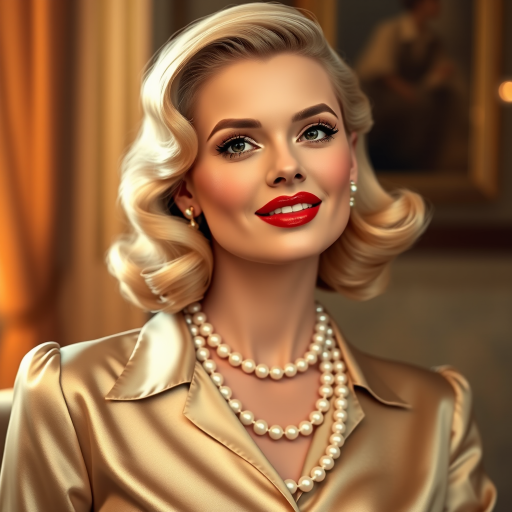 A beautiful woman reminiscent of 1950s Hollywood glamour, with perfectly styled blonde hair and a seductive smile, dressed in a satin blouse and adorned with pearls, soft and warm tones, photorealistic, 8K