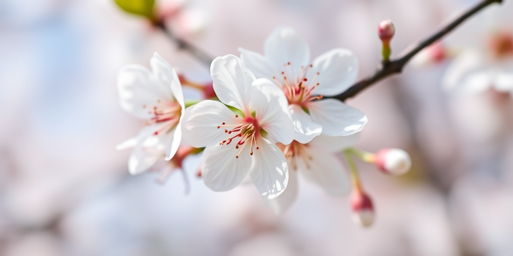 Close-up shot of white cherry blossoms on a branch with a blurred background, using a Canon EOS 5D Mark IV, lens 100mm f/2.8 macro, aperture f/2.8, ISO 400, shutter speed 1/200 sec, natural soft lighting.