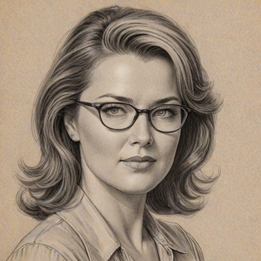 Elegant Lucy Lawless, pencil sketch, portrait of Delightful woman 1950s in glasses, hair style beatnik, outline, clear lines, fine lines, 8k