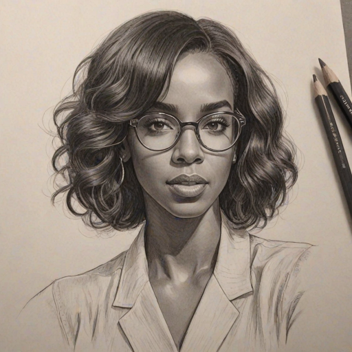 Graceful Kelly Rowland, pencil sketch, portrait of Bewitching woman 1924s in glasses, hair style beatnik, outline, clear lines, fine lines, 8k