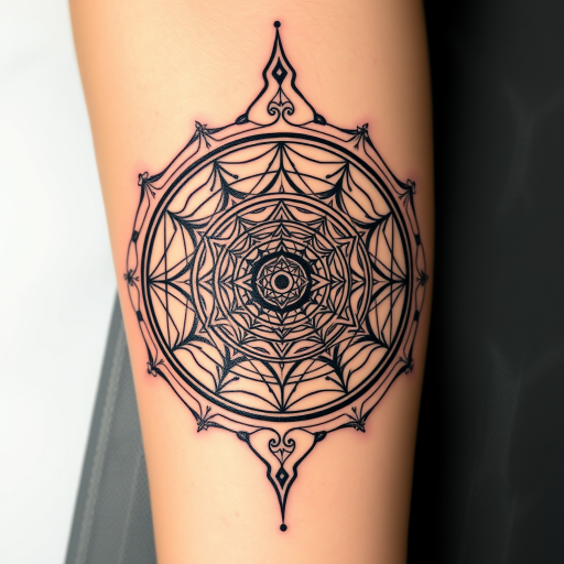 Fibonacci spiral tattoo incorporating sacred geometry elements, golden ratio proportions highlighted in metallic gold ink accents