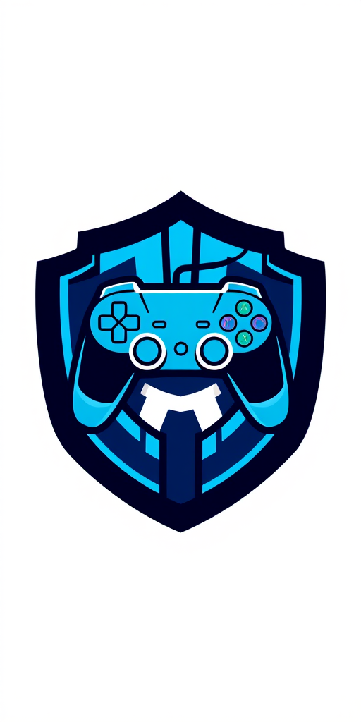 Design an eye-catching gaming logo featuring a stylized game controller at the center with a shield backdrop, vibrant blue and white color scheme, shot with a Canon EOS R5 at f/2.8, ISO 100, 50mm lens, with a high-contrast, sharp-focus style to enhance image quality.