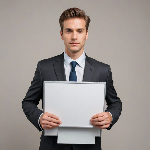 Create an image of a professional individual in a business suit, holding a large blank whiteboard in front of their face. The background should be neutral to emphasize the person and the blank board. Make sure the person's hands are visible, and they are positioned at mid-chest level, showcasing the blank space clearly.