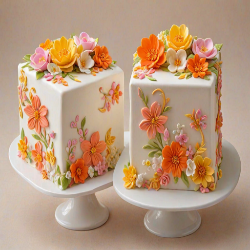Create an image of two square cakes beautifully decorated with intricate floral designs. One cake features pink and white flowers, while the other showcases orange and yellow blossoms. The background should be light and airy, enhancing the delicate appearance of the cakes.