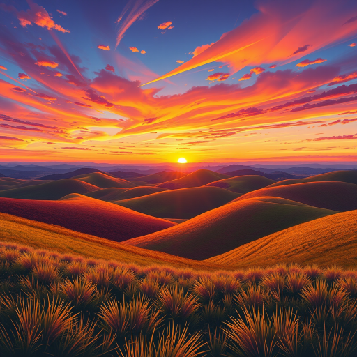Generate a highly detailed illustration of a serene landscape featuring rolling hills and a colorful sunset with a Canon EOS R5 camera at f/8, ISO 100, 1/250 sec, with a wide-angle view and a vibrant, semi-realistic style.