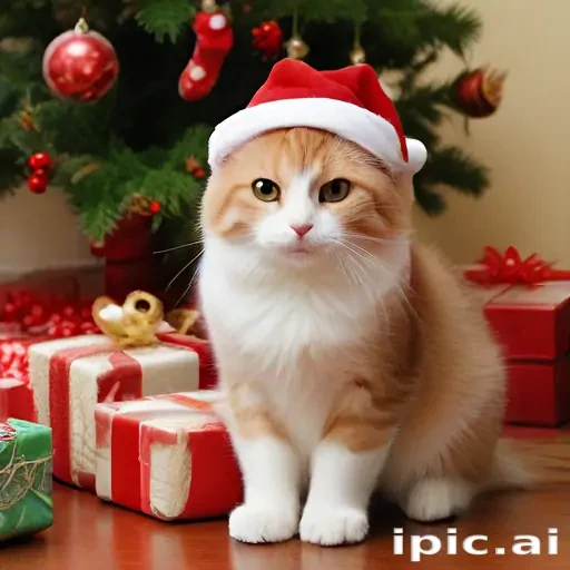 Adorable Cat Wearing Santa Hat Beside Christmas Tree and Presents