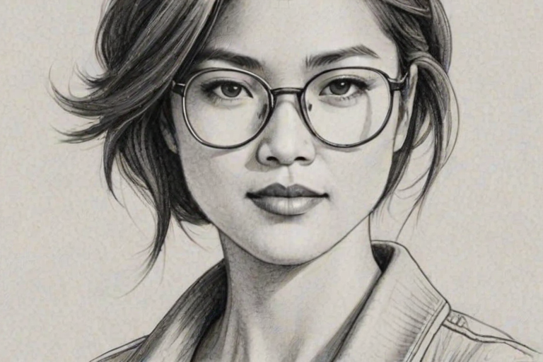 Charming Grace Park, pencil sketch, portrait of Superb woman 1927s in glasses, hair style beatnik, outline, clear lines, fine lines, 8k