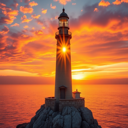 Generate an image of a tall lighthouse perched on a rocky outcrop surrounded by calm ocean waters during a breathtaking sunset. The lighthouse stands sturdy and weathered, its stone surface illuminated by the warm golden light of the setting sun. The sun's rays pass directly through the glass lantern room at the top of the lighthouse, casting a brilliant light across the scene. The sky is painted with vibrant shades of orange, pink, and purple, reflecting off the tranquil sea. The surrounding water shimmers with the same warm hues, creating a serene and majestic atmosphere.