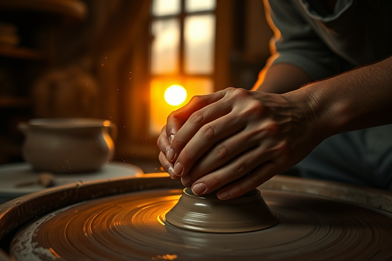 Warmly lit close-up of a potter's hands shaping clay on a spinning wheel, tiny flecks of clay flying through the air, with the soft glow of sunset streaming through a nearby window.