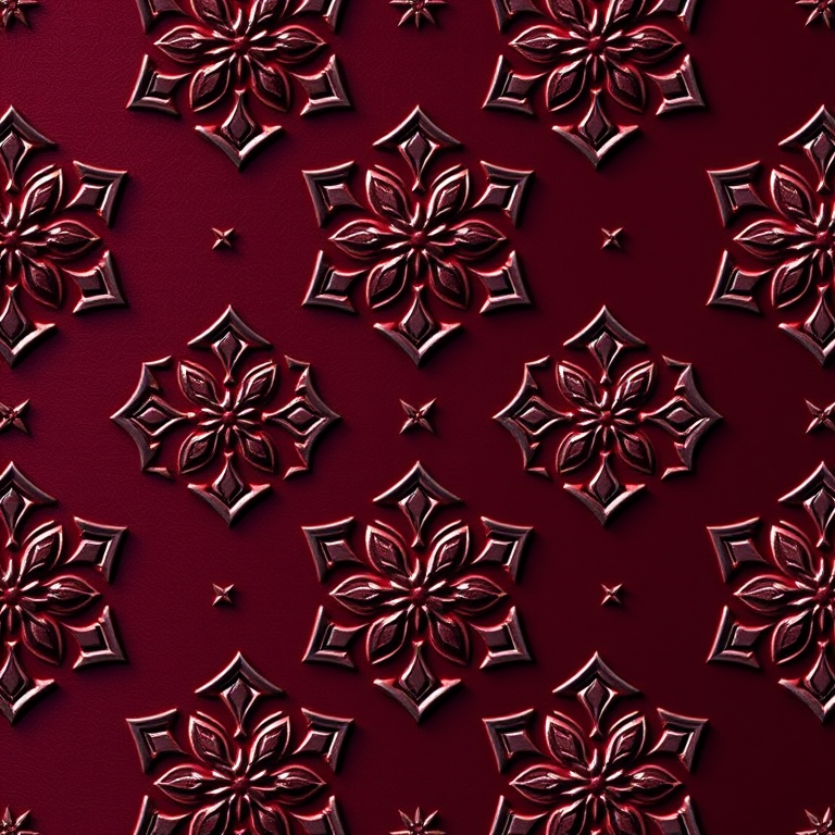 generate a seamless pattern of embossed geometric shapes on a dark burgundy background, captured with a DSLR camera, 50mm lens at f/2.8, ISO 100, 1/125 sec, top-down view, soft lighting for enhanced texture clarity