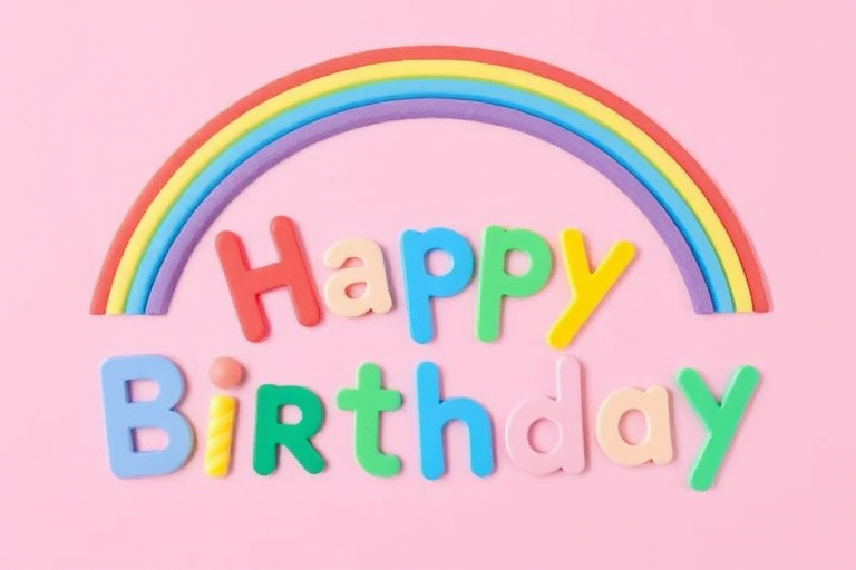 Create a colorful birthday greeting card featuring the text "Happy Birthday" in playful fonts, with a multi-colored rainbow arching above the words, set against a soft pink background, captured with a DSLR camera at f/2.8, ISO 100, 50mm lens, natural lighting for enhanced vibrancy.