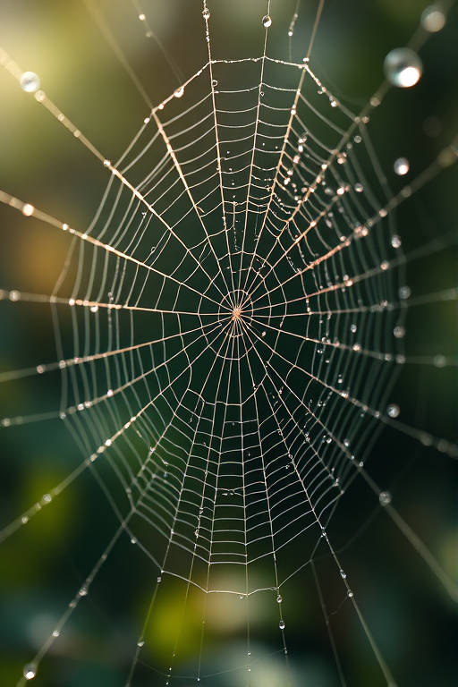 Capture a high-resolution image of a spider web glistening with dew in soft natural light from a low angle, using a DSLR camera set to aperture f/2.8, shutter speed 1/100s, ISO 200, with a macro lens for fine detail and a shallow depth of field to blur the background.
