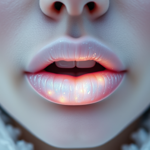Ethereal pearlescent white lips with opalescent shimmer, otherworldly and captivating, evoking the essence of winter's frosty beauty