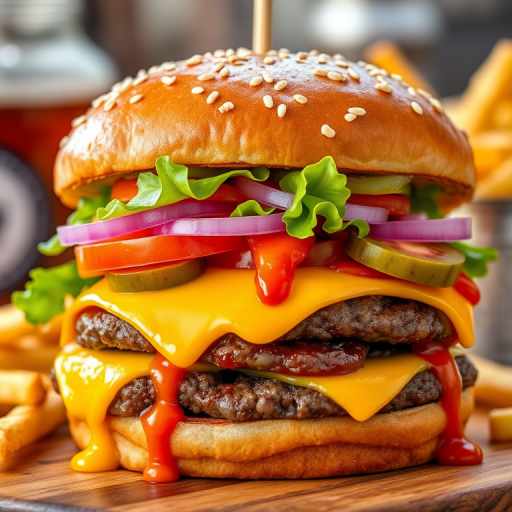 High-resolution, close-up image of a gourmet double cheeseburger. The burger features a glossy, sesame-seed-topped brioche bun. Inside, there are two thick, juicy beef patties, each topped with melted cheddar cheese. The burger is garnished with fresh lettuce, tomato slices, diced onions, and pickles. A generous amount of ketchup and a creamy, orange-colored sauce is dripping down the sides, adding to the mouth-watering appeal. In the background, there are blurred elements including a side of golden French fries and a hint of a beverage, enhancing the overall presentation of a delicious meal.