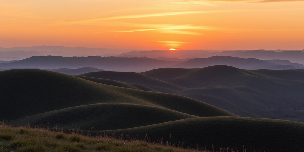 Create a high-resolution image of a tranquil landscape featuring rolling hills and a sunset sky, using a DSLR camera with a 50mm lens, aperture set to f/2.8, ISO 100, and a shutter speed of 1/125 seconds, capturing a wide-angle view.