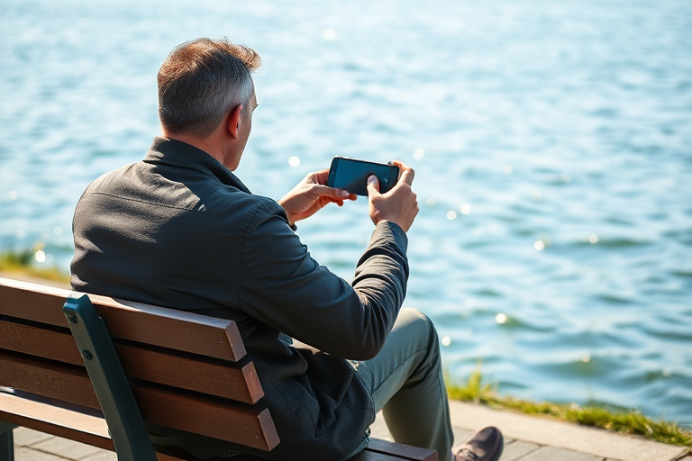 man sitting on a bench by the water using a smartphone, natural light, shallow depth of field, 50mm lens, f/2.8, ISO 100, 1/200s, taken with a DSLR camera, vibrant colors and sharp details
