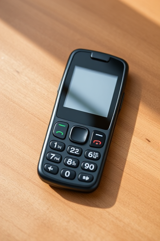 Create a high-resolution illustration of a classic flip phone with a sleek design, using a 50mm lens at f/2.8 for a shallow depth of field, photographed in natural lighting from a slight overhead angle, using a DSLR camera for enhanced image quality.