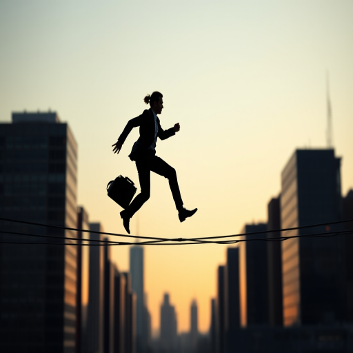 A silhouette of a businessman running on a tightrope against a city skyline background, high contrast, shot with a Canon EOS R5, 50mm lens, f/1.8, ISO 100, shutter speed 1/500s, soft focus on the background for depth.