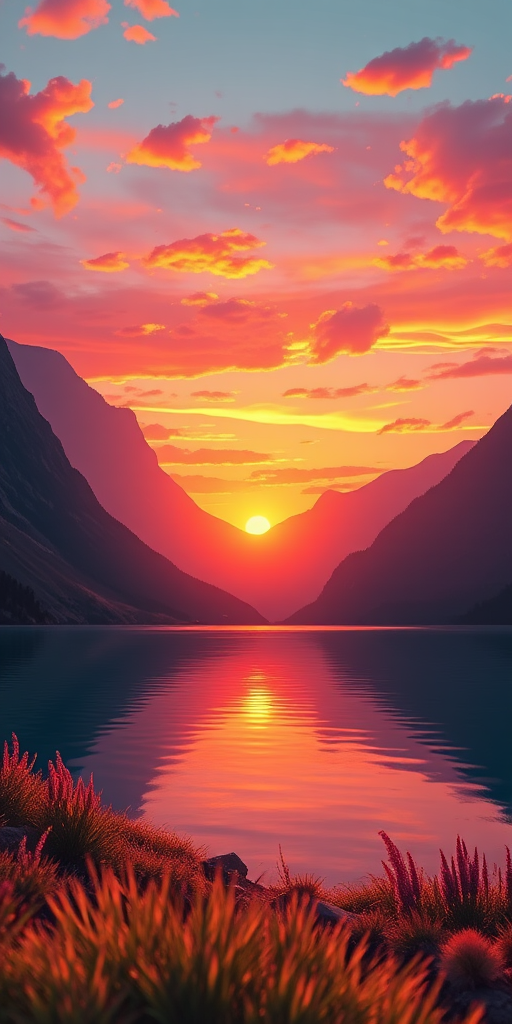Create a high-resolution digital illustration of a serene landscape featuring a calm lake surrounded by mountains during sunset, with vibrant colors reflecting on the water, captured with a DSLR camera using a 50mm lens at f/2.8, ISO 100, shutter speed 1/125s, shooting from a low angle to emphasize the foreground.