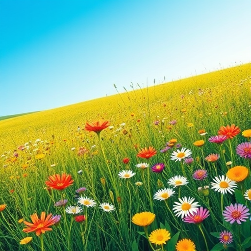 Create a vibrant illustration of a lush green field filled with colorful wildflowers under a clear blue sky, captured with a DSLR camera at f/8 aperture, ISO 100, 1/200s shutter speed, using a wide-angle lens for an expansive view.