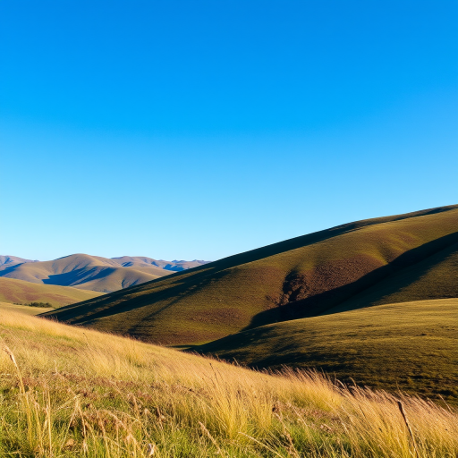 Generate a high-resolution image of a serene landscape featuring rolling hills and a clear blue sky, using a 50mm lens, aperture f/1.8, ISO 100, shot from a low angle perspective, capturing vibrant colors and rich textures.