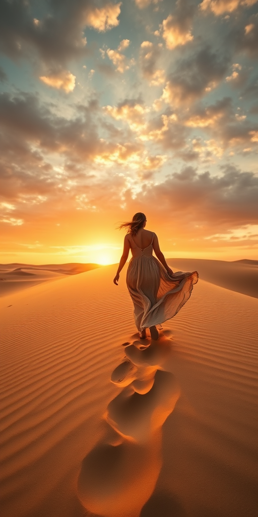 A lone figure in a flowing dress walking through golden sand dunes at sunset with a dramatic sky, captured with a Canon EOS R5, 50mm lens, f/2.8 aperture, ISO 100, 1/200s shutter speed, using a wide-angle view for enhanced depth and clarity.