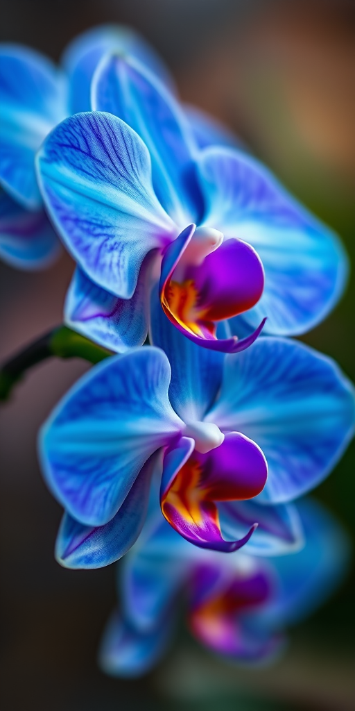regenerate a vibrant, artistic close-up image of a blue orchid with bright colors and soft focus background, DSLR camera, 50mm lens, f/1.8, ISO 200, natural light, macro photography style