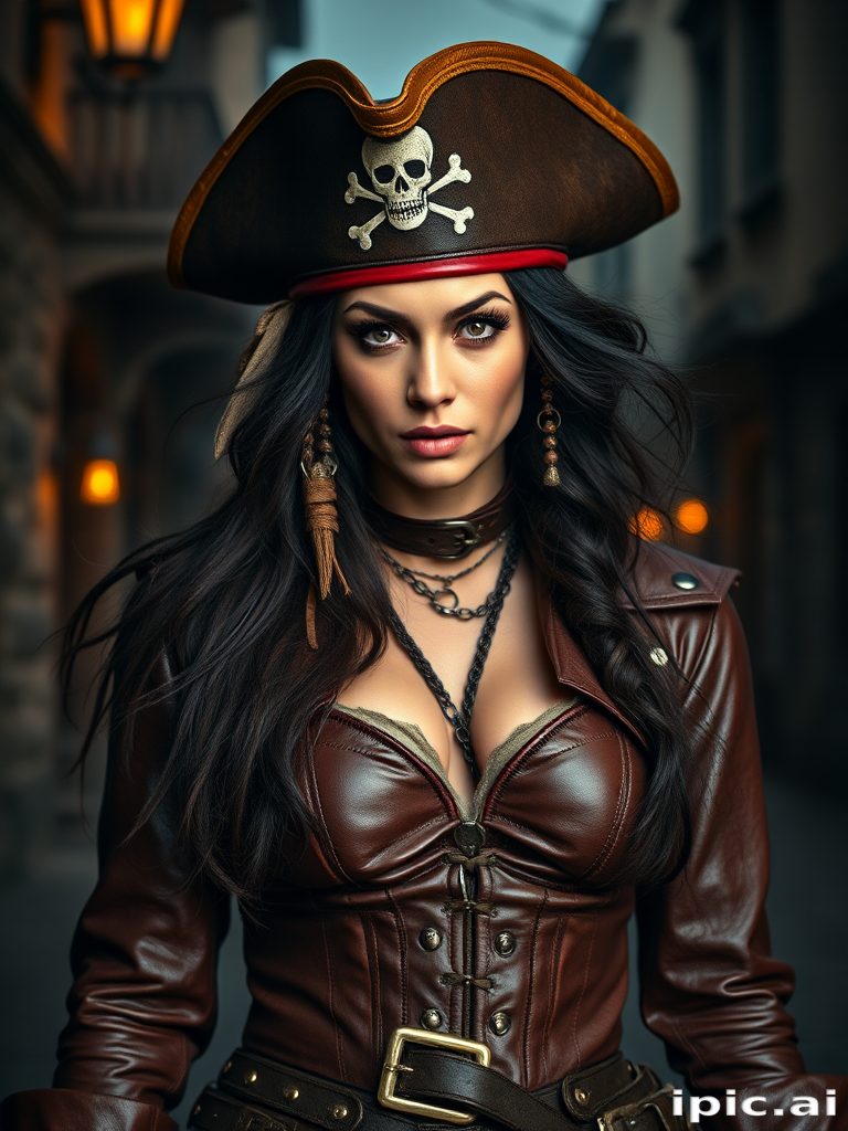 Create a portrait of a fierce female pirate. She wears a leather tricorn hat adorned with a skull and crossbones emblem, and her long, dark hair flows around her face. Her outfit consists of a richly detailed leather jacket, a corset, and multiple layers of belts and accessories, giving her a formidable and stylish appearance. She stands confidently in a dimly lit, historic port town, with a backdrop of weathered buildings and cobblestone streets, capturing the adventurous spirit of a pirate.