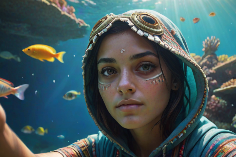 Realistic selfie image of a Aztec, wearing a vintage outfit, detailed dreamy eyes, droopy hooded eyes, staring at the camera, taken underwater at coral reef with a sunbeam filtering through the water, vibrant, summer vacation, natural lighting, turtle and school of tropical fish with vibrant colors, rendered in the style of CryEngine, Pegi Nicol MacLeod, with realistic genre scenes, hauntingly beautiful narratives, ultra-realism, and Thomas Saliot's close-up technique, 8K resolution, crystal clear and sparkling water.