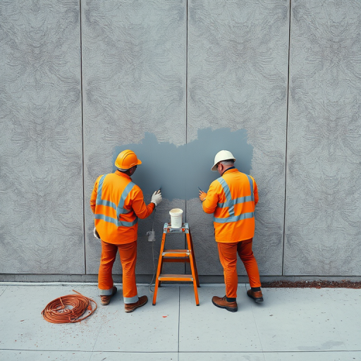 Create an image of two construction workers in orange uniforms painting a textured wall with a detailed pattern, captured with a Canon EOS R5, 50mm lens, f/2.8 aperture, ISO 100, in a high-angle view to emphasize their activity and the wall's surface.