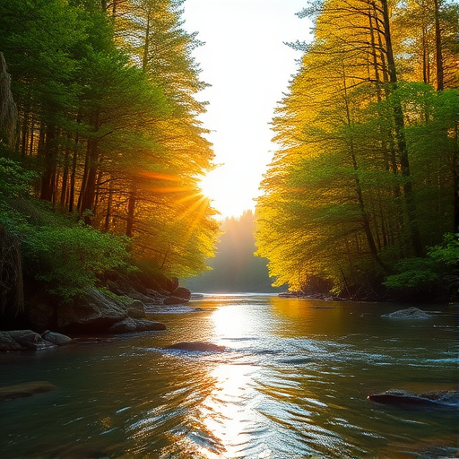 Create an image of a serene, sunlit forest scene with a clear, gently flowing river. Tall trees with lush green foliage line both sides of the river, their leaves bathed in the warm golden light of the setting or rising sun. The sunlight filters through the trees, casting soft, dappled light on the river, which flows over smooth rocks and pebbles, creating a peaceful, natural atmosphere. The sky is bright with a few scattered clouds, and the overall mood is tranquil, evoking a deep sense of connection with nature. The image captures the beauty of a calm, pristine forest landscape at either dawn or dusk.