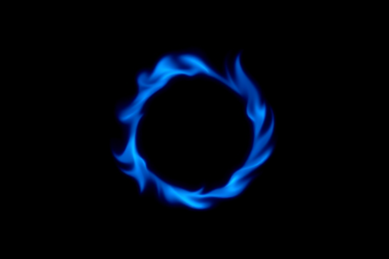 Generate a vibrant blue flame circle on a black background with high contrast, using a DSLR camera, 50mm lens, f/1.8 aperture, ISO 100, 1/200 sec shutter speed, and shoot in portrait orientation for enhanced detail and clarity.