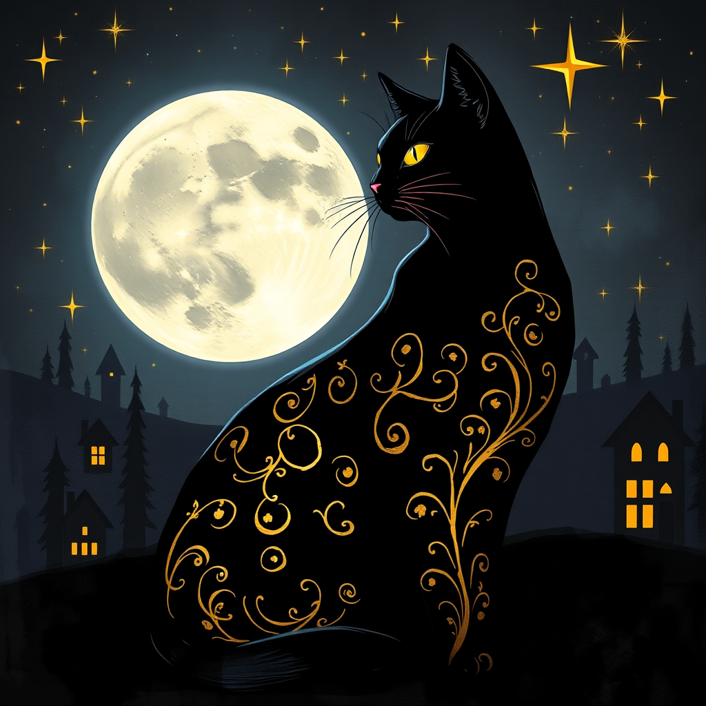 a stylized black cat with iridescent golden arabesques all over its body, on a grungy smoky black background with matching celestial designs, a full moon with silhouettes of lit houses, bright shooting stars, dazzling, magical BG, reminiscent of Christmas wonderland