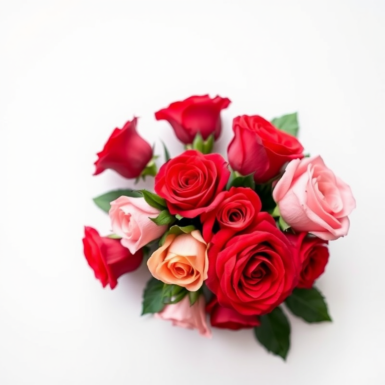 A vibrant bouquet of red and pink roses arranged artfully on a white background, taken with a DSLR camera at f/2.8, 50mm lens, 1/250 sec shutter speed, using a soft natural light setup for enhanced texture and color depth.