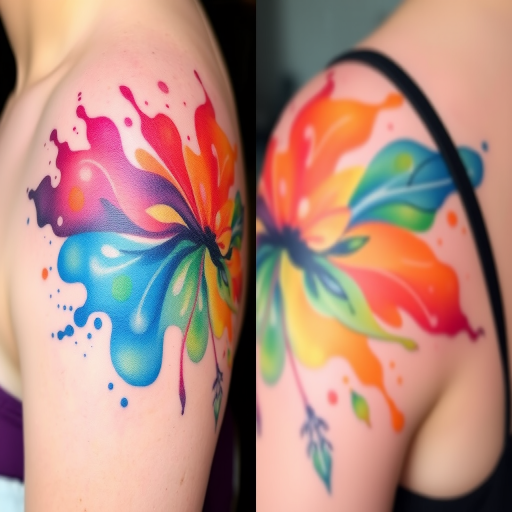 Vibrant watercolor tattoo named "Spectrum Splash" featuring a kaleidoscope of flowing colors blending seamlessly across the skin creating an ethereal and dreamlike appearance with soft edges and translucent hues