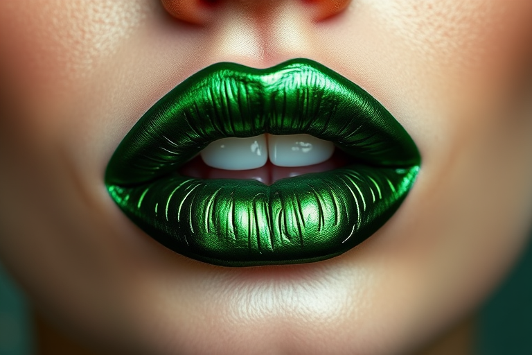 Metallic emerald green lips, christened "Enchanted Forest," showcasing a rich jewel tone and a foil-like finish for daring makeup looks