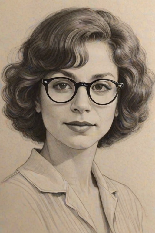 Captivating Rhea Perlman, pencil sketch, portrait of Splendid woman 1929s in glasses, hair style beatnik, outline, clear lines, fine lines, 8k