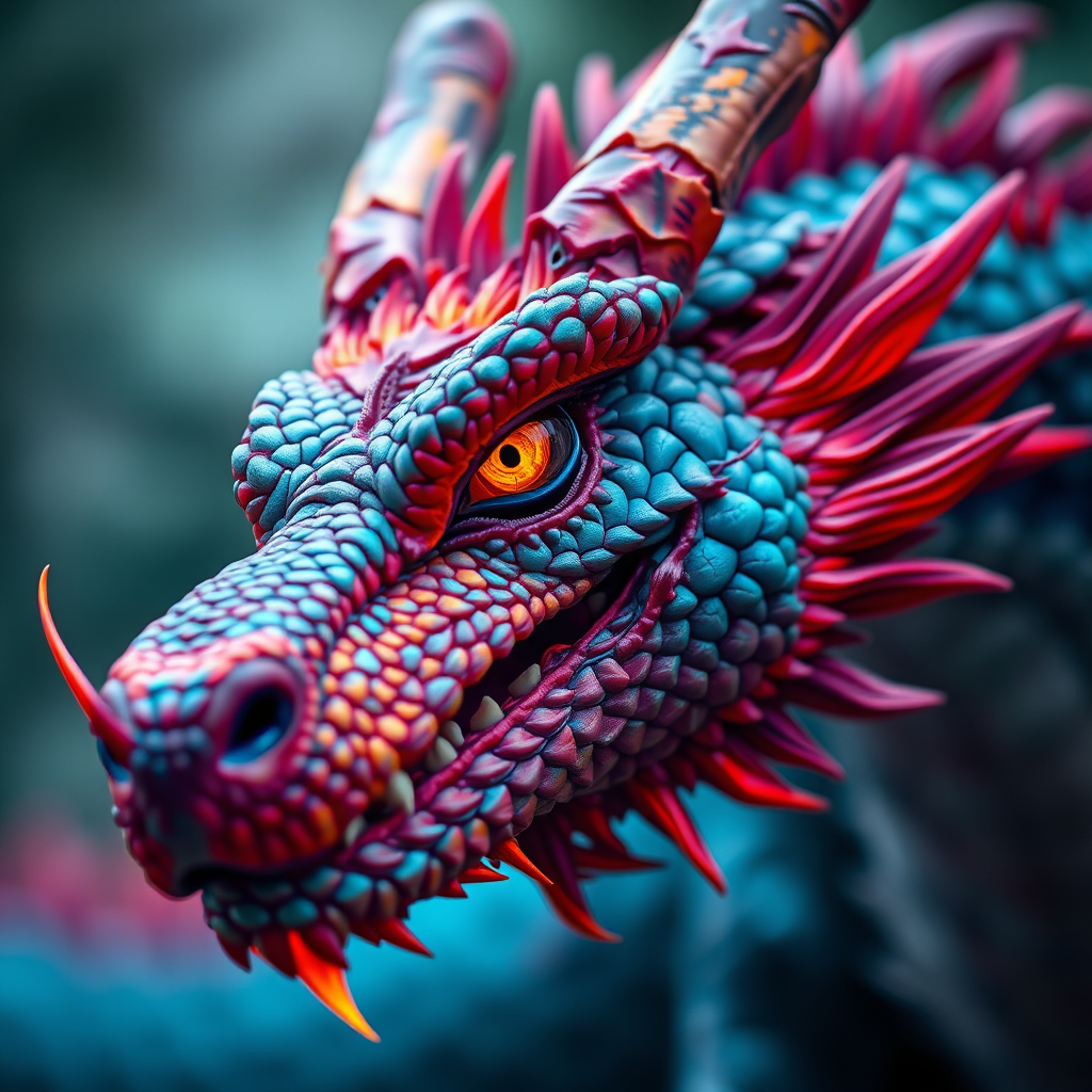 Create a high-resolution digital artwork of a dragon with vibrant scales in shades of blue, red, and purple, featuring glowing orange eyes and fiery accents, captured with a DSLR camera at f/2.8, ISO 100, 50mm lens, in a dramatic low-angle perspective to enhance the fierce expression and intricate details.