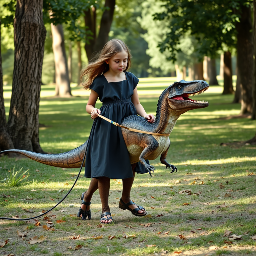 12 year old girl in a dress walking her pet Velociraptor on a leash through a park