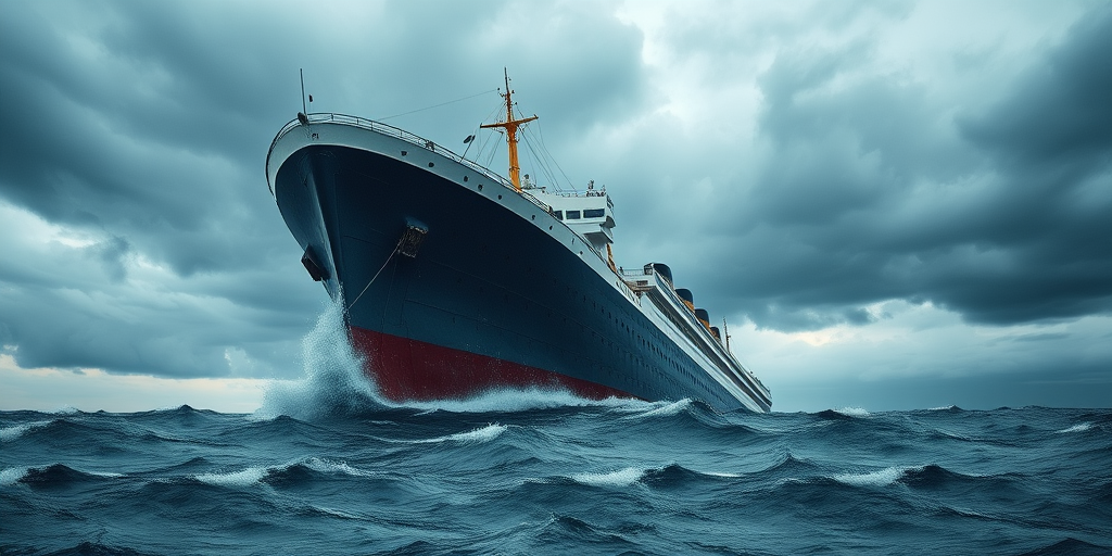 Generate a dramatic image of a sinking ship resembling a historic ocean liner in turbulent waters under a stormy sky, using a full-frame DSLR camera at f/8 aperture, ISO 100, 24mm lens, and a low-angle shot to enhance depth and detail.