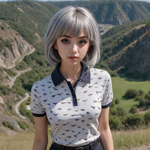 bird's-eye view, Serial Killer, on a hill, San Marinese eighteen Gaudia is well-defined, cursed, her slate gray shag haircut, her astonished honey eyes are tiny, gray heart-shaped lips, round face shape, very light skin, huge perky breasts, graceful arch of the foot, disgust face, (glamorous evening makeup:1.3), she is dressed in a patterned golf polo shirt and lightweight golf pants with a cropped length, casual hands-in-pockets stance, (Anime), big eyes, exaggerated expressions, stylized hair, manga